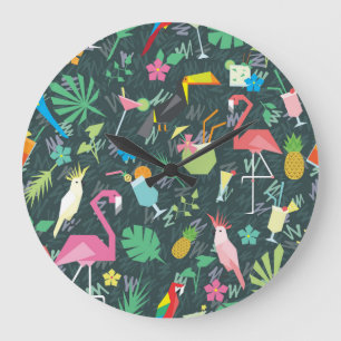 Reloj Redondo Grande Bebidas De Aves Tropicales: Vibrantes Sin Mar.