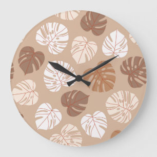 Reloj Redondo Grande Beige Monstera se va: Patrón de moda dibujado a ma