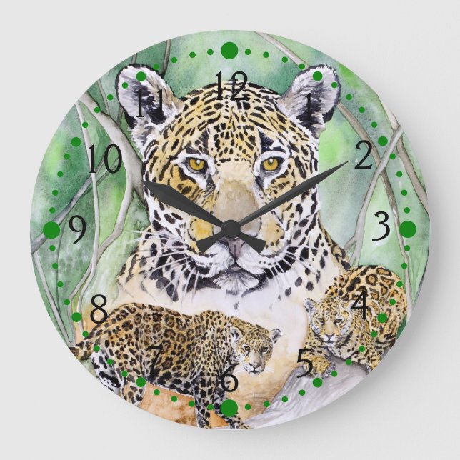 Reloj Redondo Grande Bella Artes de acuarela de Jaguar Jungle (Anverso)