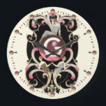 RELOJ REDONDO GRANDE BELLEZA ART DECO FASHION PINK GEMSTONE MONOGRAM<br><div class="desc">Ilustracion de alta moda de estilo Art Déco francés vibrante. Diseño monograma con piedra de goma de rubí 3D,  bellas damas,  plumas rosas,  giratorios en blanco negro,  rojo,  color fucsia rosa. Guay,  diseño moderno y artístico de Bulgan Lumini (c.</div>