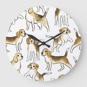 Reloj Redondo Grande Belleza Beagle: Patrón de perro acuarela