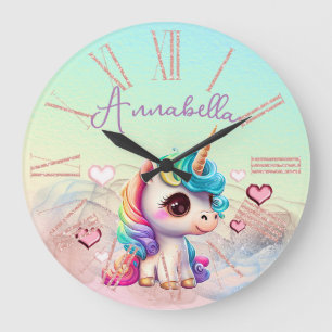 Reloj Redondo Grande Bello Bebe Unicornio y Corazones en Arcoíris