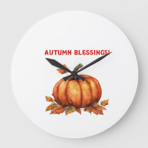 Reloj Redondo Grande Bendiciones de Otoño Calabaza con Hojas de Otoño C