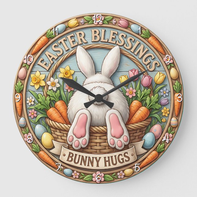 Reloj Redondo Grande Bendiciones de Pascua, abrazos de conejo (Anverso)