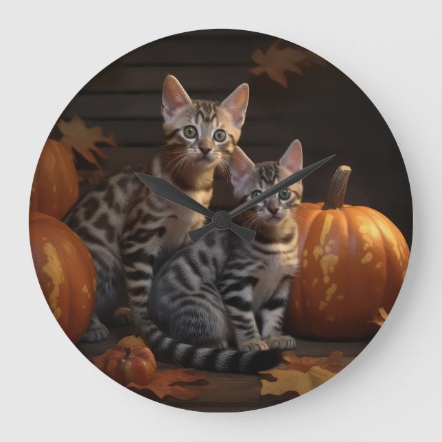 Reloj Redondo Grande Bengal Kitten Calabaza deslumbrante otoño (Anverso)