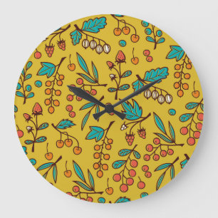 Reloj Redondo Grande Berries en ramas, patrón de naturaleza sin fisuras