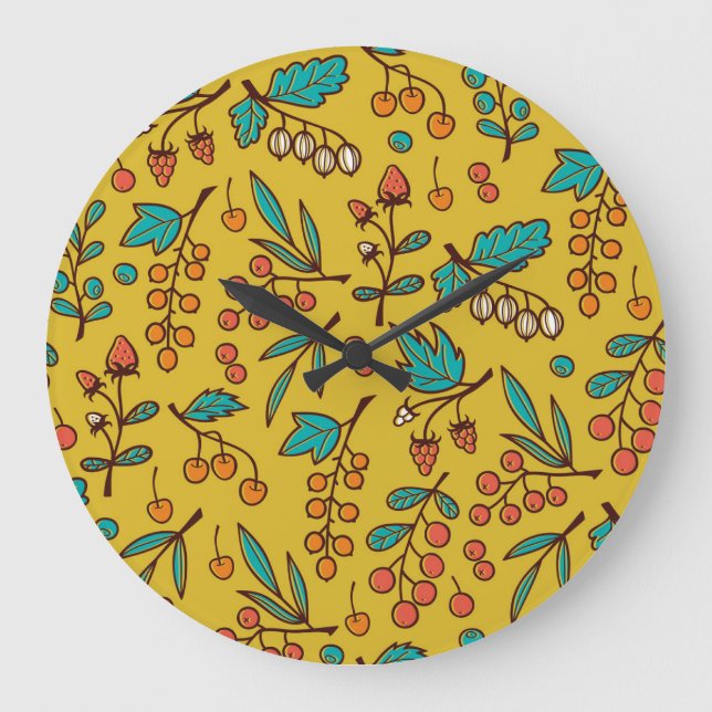 Reloj Redondo Grande Berries en ramas, patrón de naturaleza sin fisuras (Anverso)
