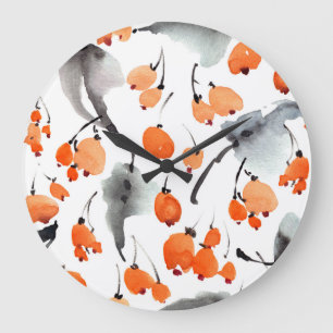 Reloj Redondo Grande Berries, hojas acuarela, ilustracion de tinta, cos