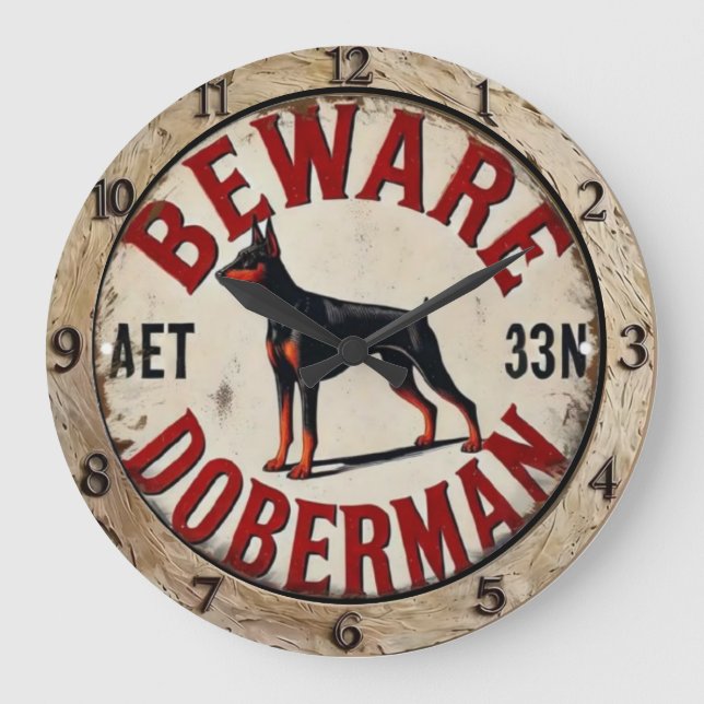 Reloj Redondo Grande Beware Doberman Pinscher Dog  (Anverso)