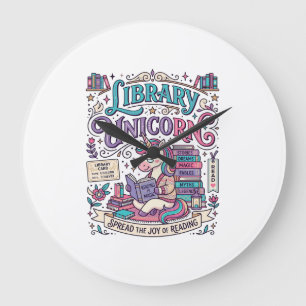 Reloj Redondo Grande Biblioteca de Unicornio Arte de POD Colorido de Un