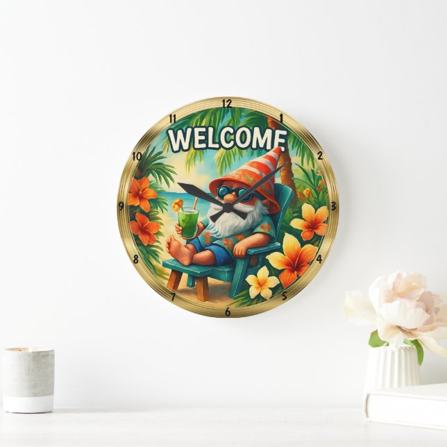 Reloj Redondo Grande Bienvenida Beach Gnome Tropical Relax (Hogar)
