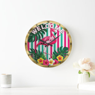 Reloj Redondo Grande Bienvenida del Flamingo Tropical: Aussie Style