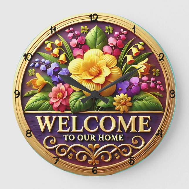 Reloj Redondo Grande Bienvenida Floral a Nuestro Hogar (Anverso)