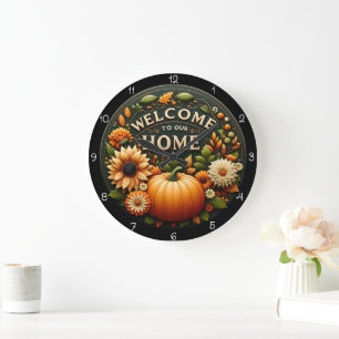 Reloj Redondo Grande Bienvenido a Casa Floral Calabaza Otoño