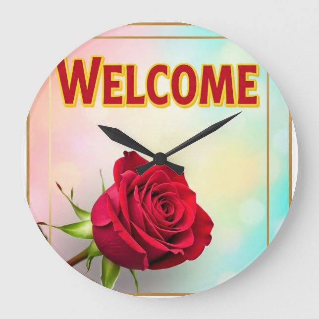 Reloj Redondo Grande Bienvenido con rosa en (Anverso)
