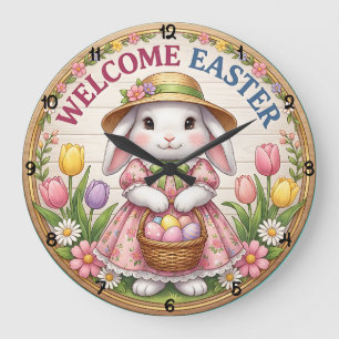 Reloj Redondo Grande Bienvenido Conejo Floral del Jardín de Pascua