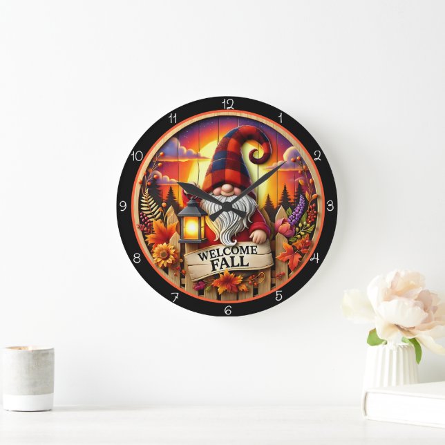 Reloj Redondo Grande Bienvenido Otoño Gnomo (Hogar)