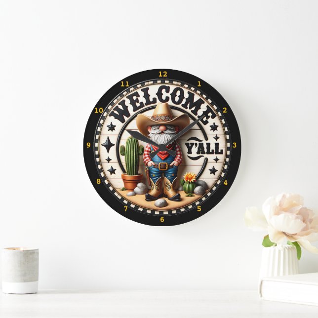 Reloj Redondo Grande Bienvenido Y'all Cowboy Gnome (Hogar)