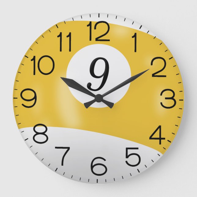 Reloj Redondo Grande Billar amarillo y blanco #9 Ball (Anverso)