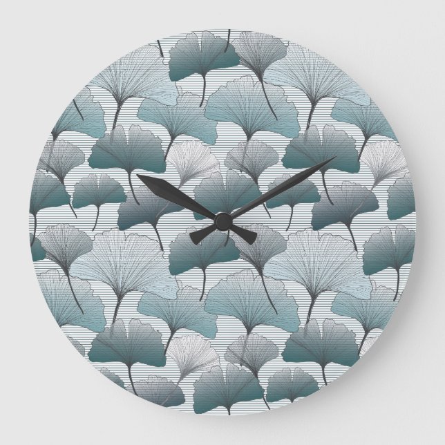 Reloj Redondo Grande Biloba de gingko, patrón azul transparente. (Anverso)