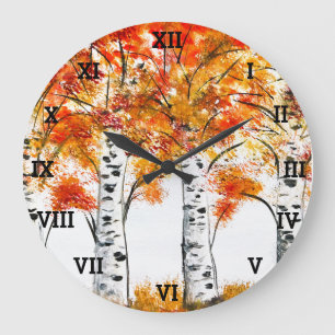 Reloj Redondo Grande Birches Trees otoño otoño hojas bosque Naranja