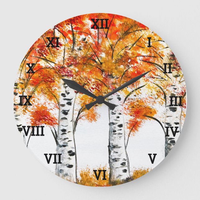 Reloj Redondo Grande Birches Trees otoño otoño hojas bosque Naranja (Anverso)