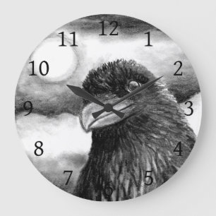Reloj Redondo Grande Bird 64 Crow Raven Moon blanco negro