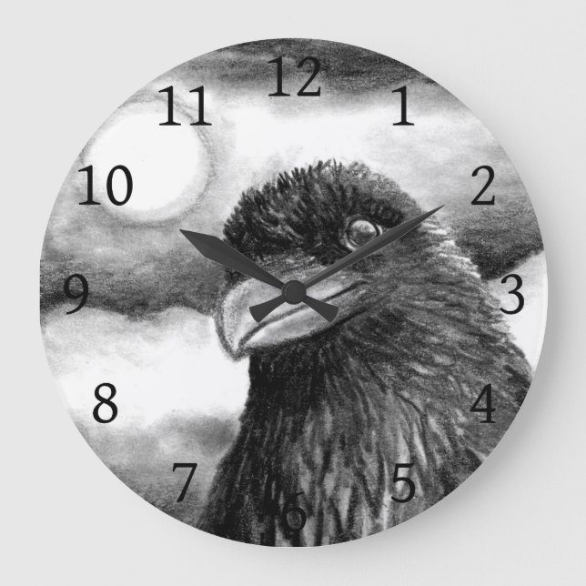 Reloj Redondo Grande Bird 64 Crow Raven Moon blanco negro (Anverso)