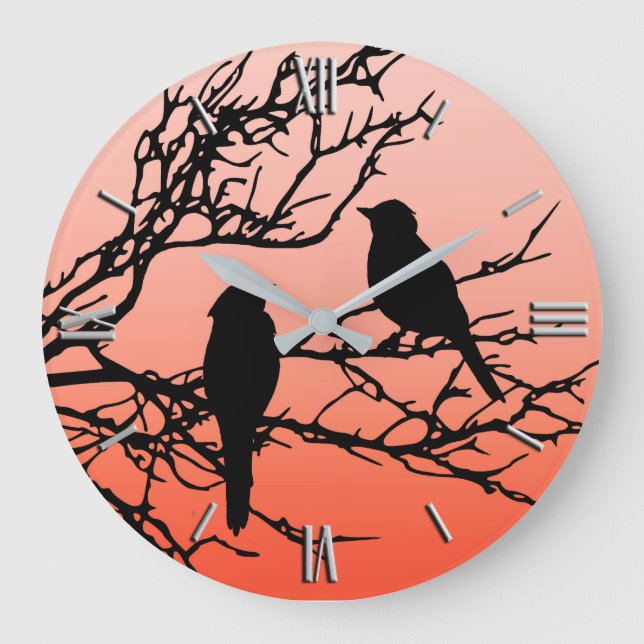 Reloj Redondo Grande Birds on a Branch, Black Against Sunset Orange (Anverso)