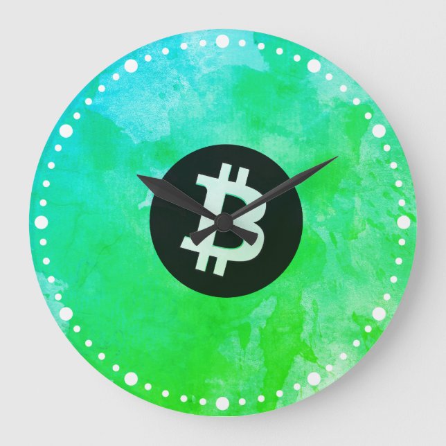 Reloj Redondo Grande Bitcoin Acuarela (Estilo $ - Green Day) (Anverso)