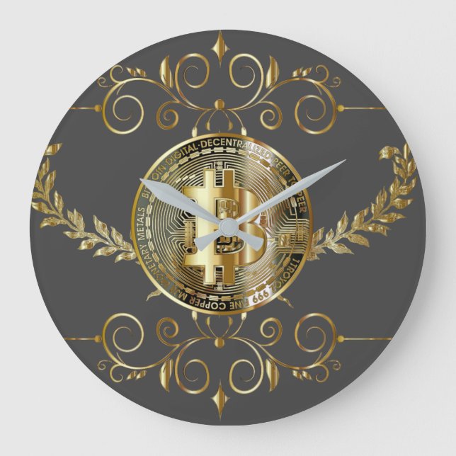 Reloj Redondo Grande Bitcoin Gold Coin Brown (Anverso)