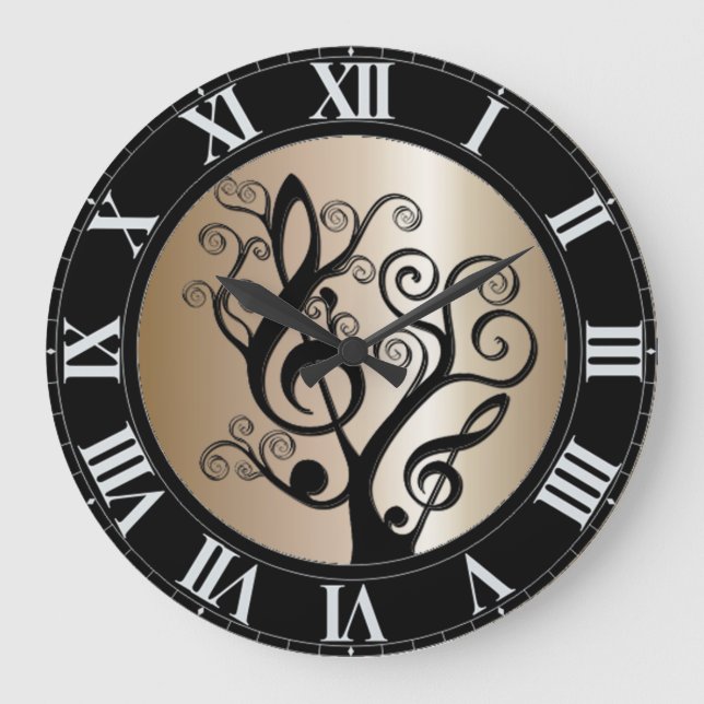 Reloj Redondo Grande Black and Gold Music Treble Clef Tree Wall Clock (Anverso)