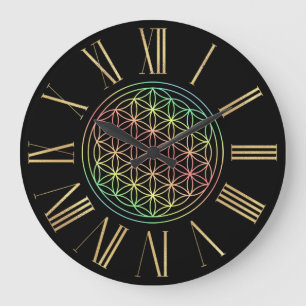 Reloj Redondo Grande Black and Gold Rainbow Flower of Life