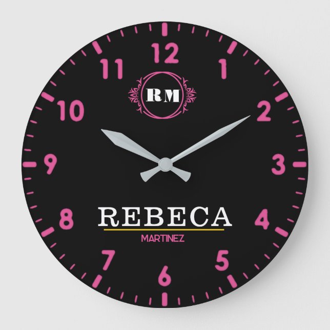 Reloj Redondo Grande Black and Rose Personalized  Pink Accents Custom  (Anverso)