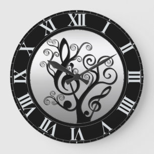 Reloj Redondo Grande Black and Silver Music Treble Clef Tree Wall Clock