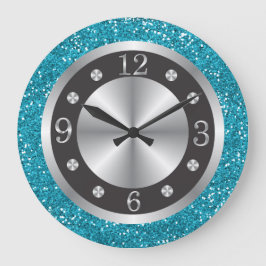Reloj Redondo Grande Black And Silver Numbers Turquoise Blue Glitter