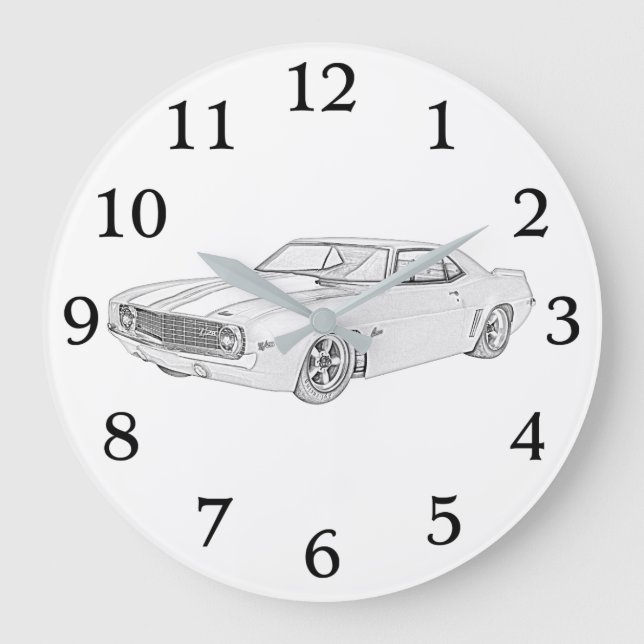 Reloj Redondo Grande Black and White 1969 Chevy Camaro Rendering (Anverso)