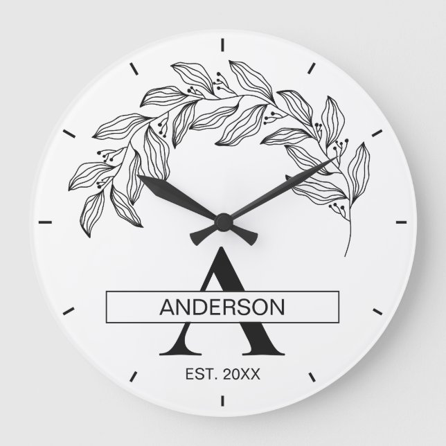 Reloj Redondo Grande Black and White Family Name Monogrammed (Anverso)
