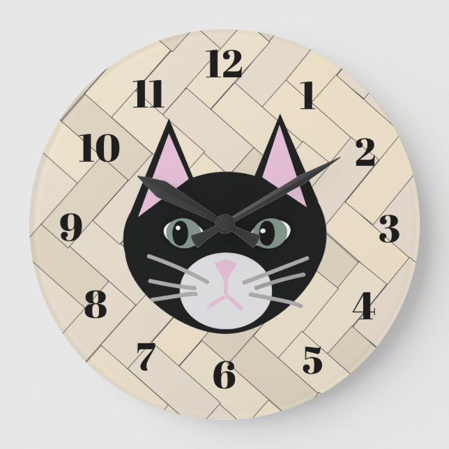 Reloj Redondo Grande Black Cat Herringbone Beige (Anverso)