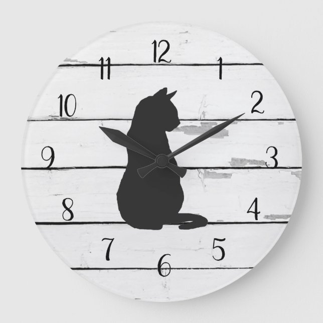 Reloj Redondo Grande Black Cat Rustic Shiplap Farmhouse Decor (Anverso)