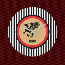 Reloj Redondo Grande Black Dragon with Monogram n Black White Stripes