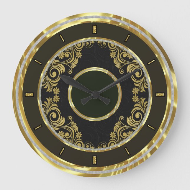 Reloj Redondo Grande Black Gold  And Swirls-Elegant Wall Clock (Anverso)