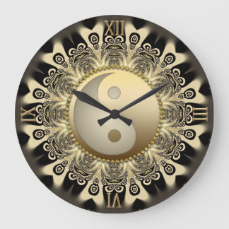 Reloj Redondo Grande Black Gold Lace Mandala Balance YinYang Wall Clock