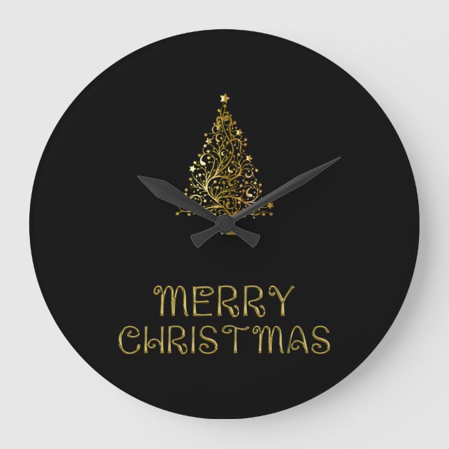 Reloj Redondo Grande Black Gold Stars Christmas Tree Elegant Wall Clock (Anverso)