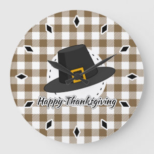 Reloj Redondo Grande Black Pilgrim Hat on Brown Plaid - Thanksgiving