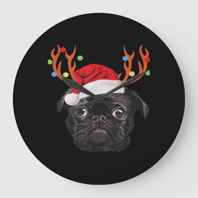 Reloj Redondo Grande Black Pug Santa Christmas Reindeer Christmas Light (Anverso)