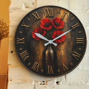 Reloj Redondo Grande Black & Red Poppy Modern Luxury Floral Decor