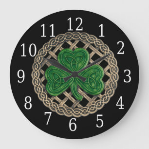 Reloj Redondo Grande Black Shamrock And Celtic Knots Round Clock