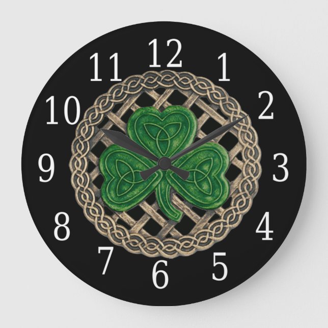 Reloj Redondo Grande Black Shamrock And Celtic Knots Round Clock (Anverso)