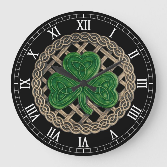 Reloj Redondo Grande Black Shamrock & Celtic Knots Roman Numerals Clock (Anverso)